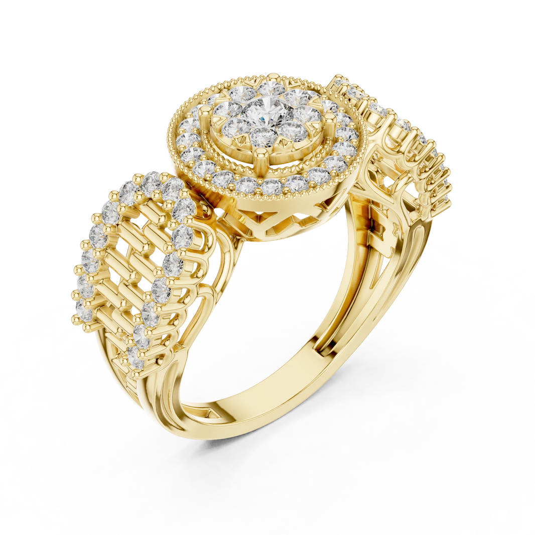 Vintage Milgrain Halo Brick Pattern Shoulder Moissanite Ring in yellow 925 sterling silver, view 2