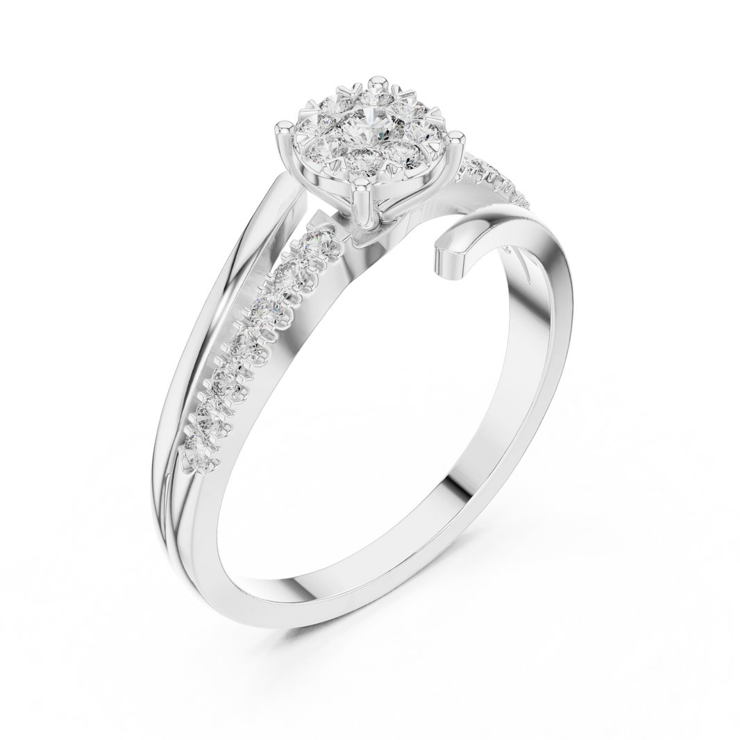 Bypass Cluster Curled Tip Split Shank Moissanite Ring in white 925 sterling silver, view 2