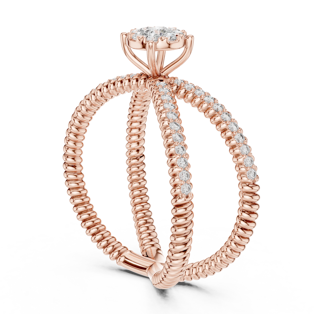Ribbed Criss Cross Cluster Moissanite Ring in rose 925 sterling silver, view 1