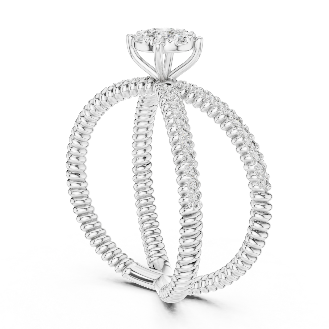 Ribbed Criss Cross Cluster Moissanite Ring in white 925 sterling silver, view 1
