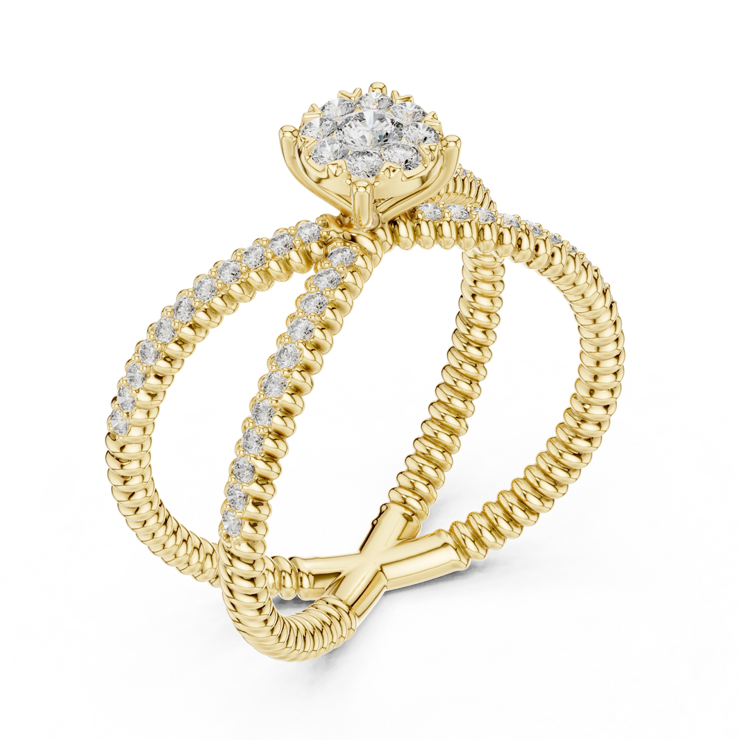 Ribbed Criss Cross Cluster Moissanite Ring in yellow 925 sterling silver, view 2