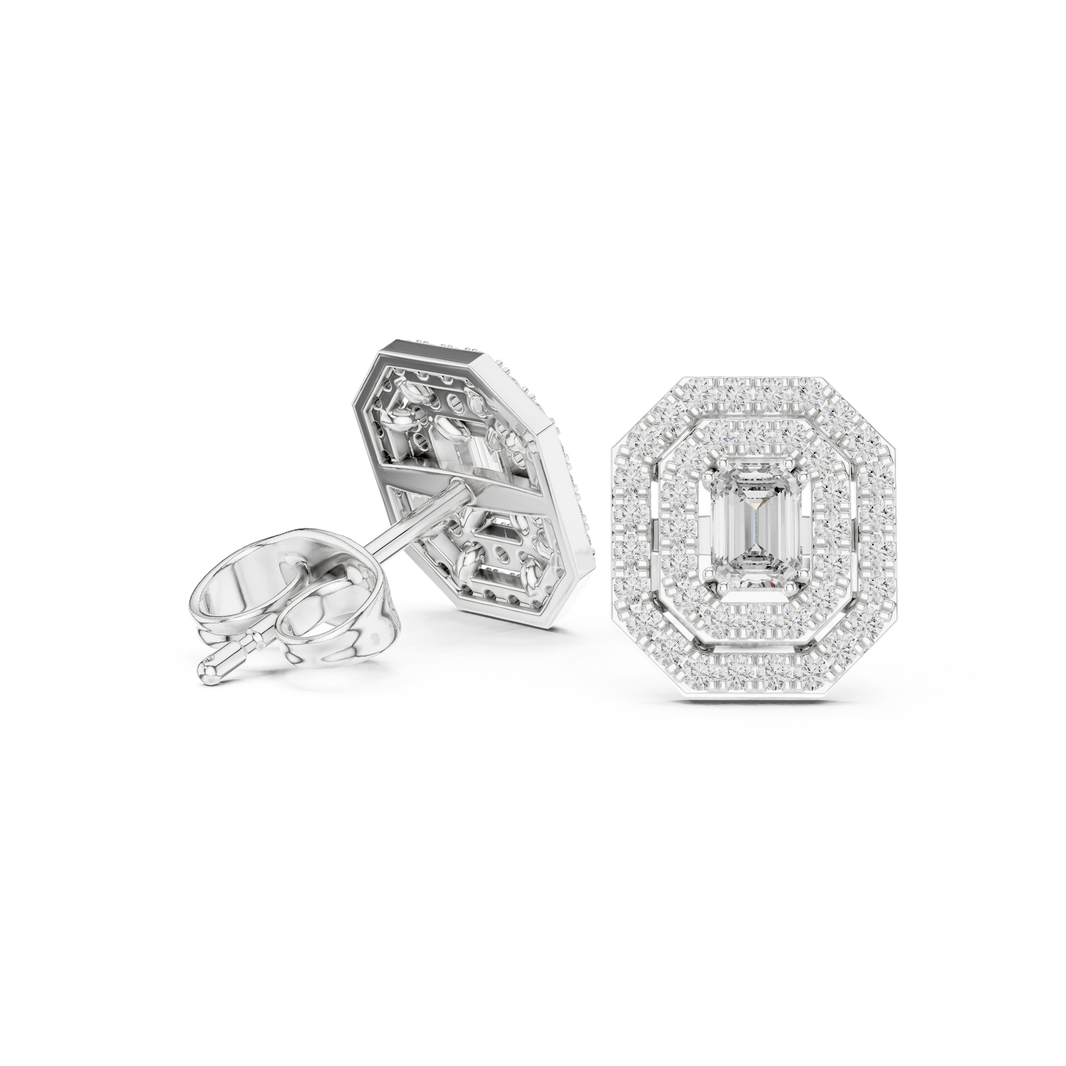 Emerald Cut Bezel Double Halo Moissanite Stud Earrings in white 925 sterling silver, view 1