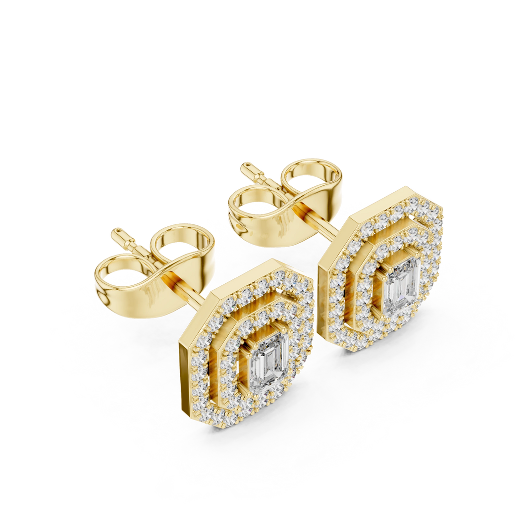 Emerald Cut Bezel Double Halo Moissanite Stud Earrings in yellow 925 sterling silver, view 2