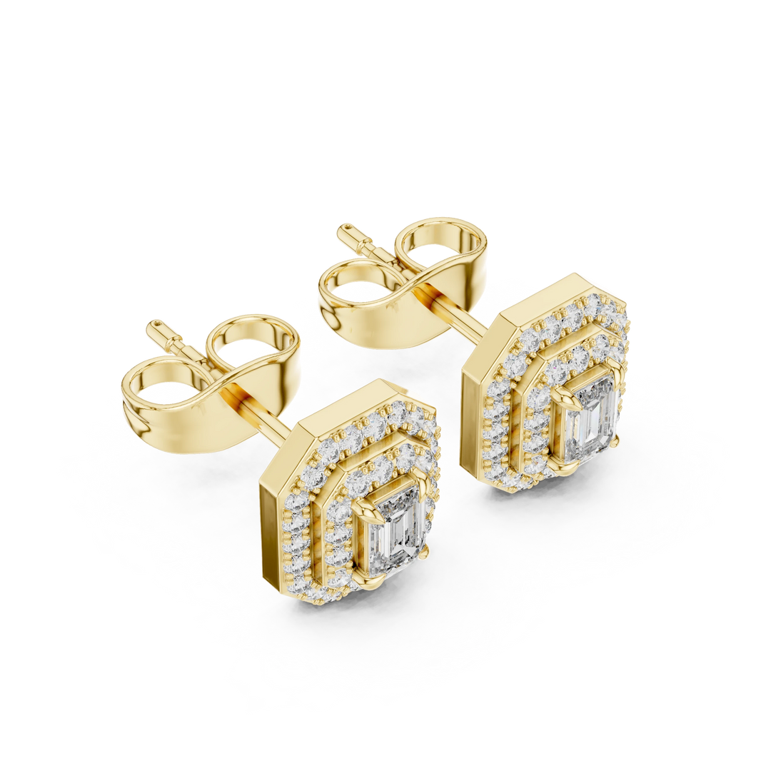 Emerald Cut Four Prong Double Halo Moissanite Stud Earrings in yellow 925 sterling silver, view 2