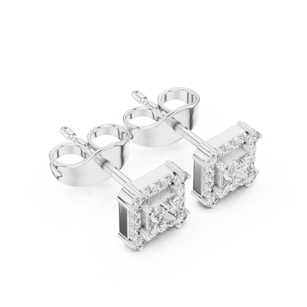 Princess Cut Corner Accent Halo Moissanite Stud Earrings in white 925 sterling silver, view 2