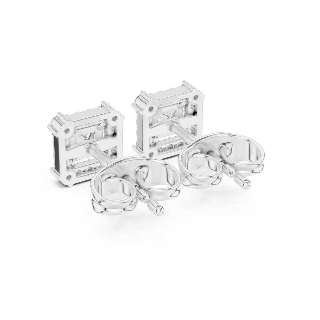 Princess Cut Corner Accent Halo Moissanite Stud Earrings in white 925 sterling silver, view 3