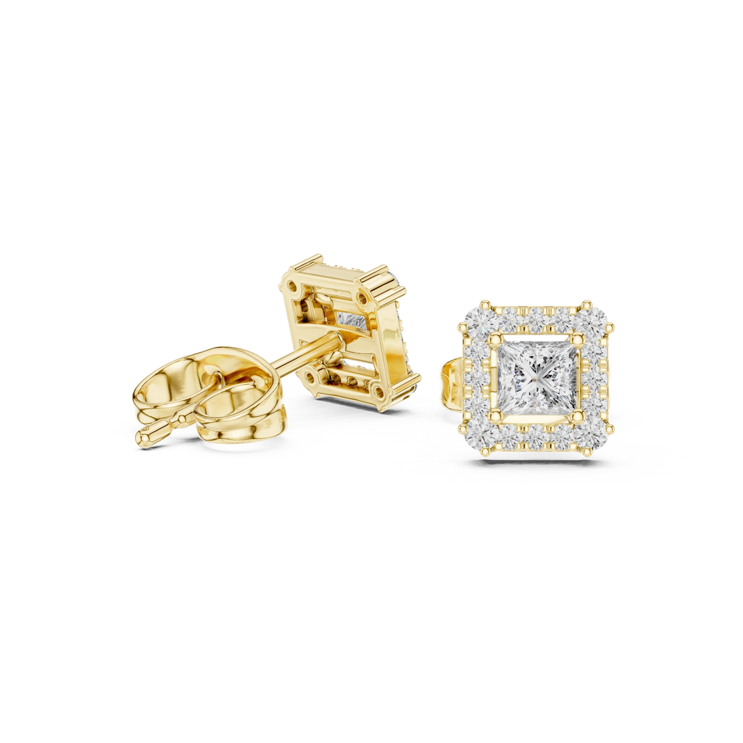 Princess Cut Corner Accent Halo Moissanite Stud Earrings in yellow 925 sterling silver, view 1