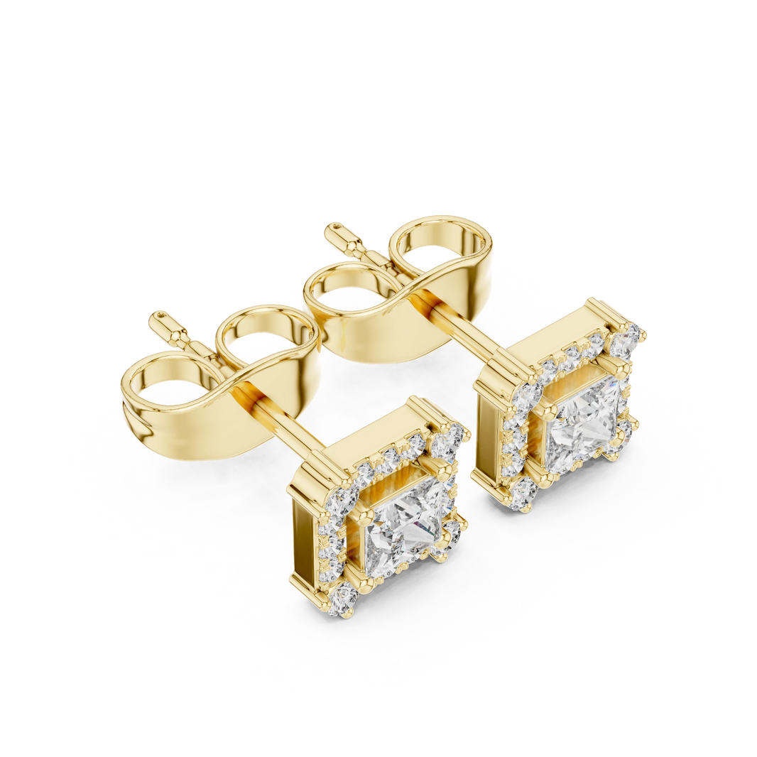 Princess Cut Corner Accent Halo Moissanite Stud Earrings in yellow 925 sterling silver, view 2