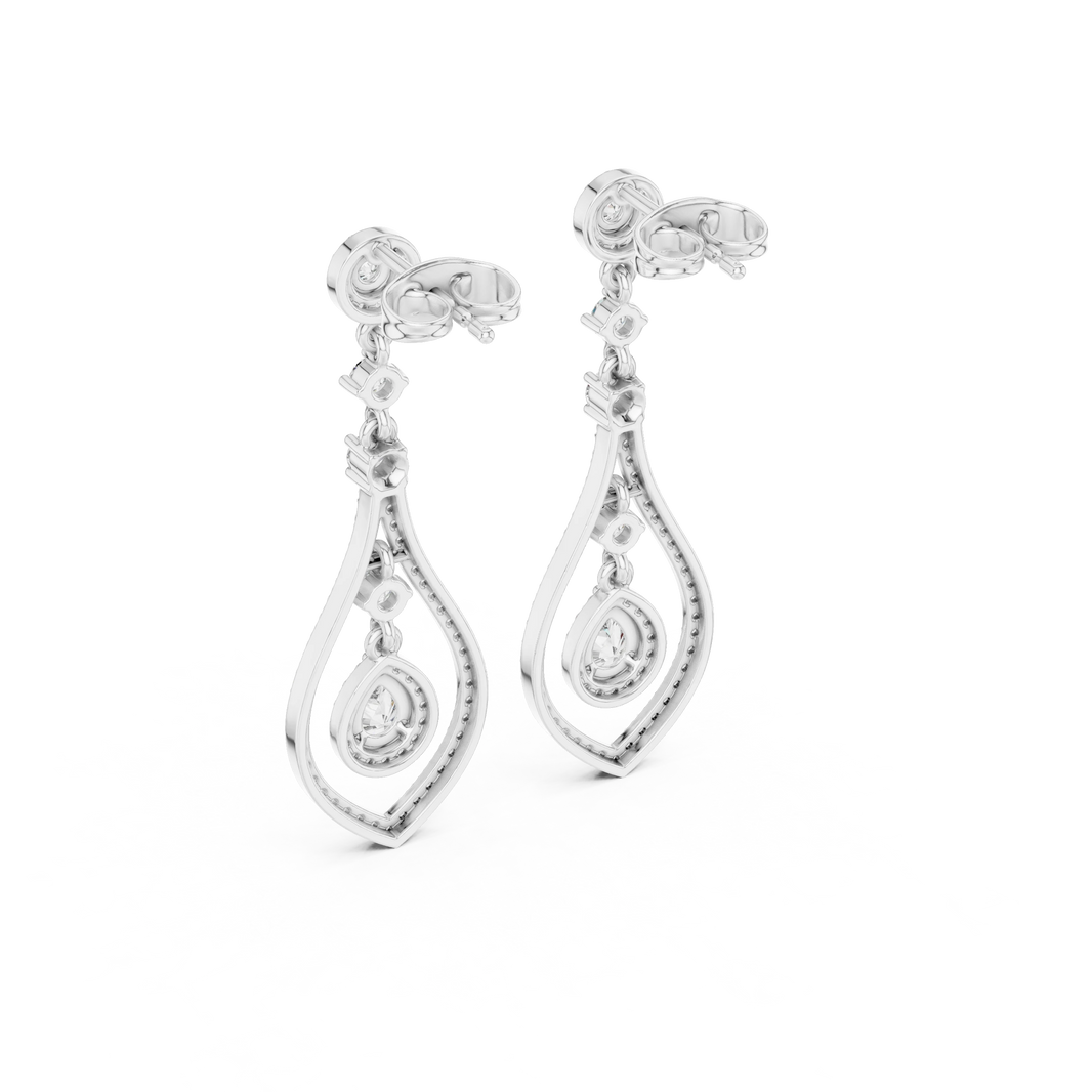 Open Teardrop Pear Halo Moissanite Chandelier Earrings in white 925 sterling silver, view 3