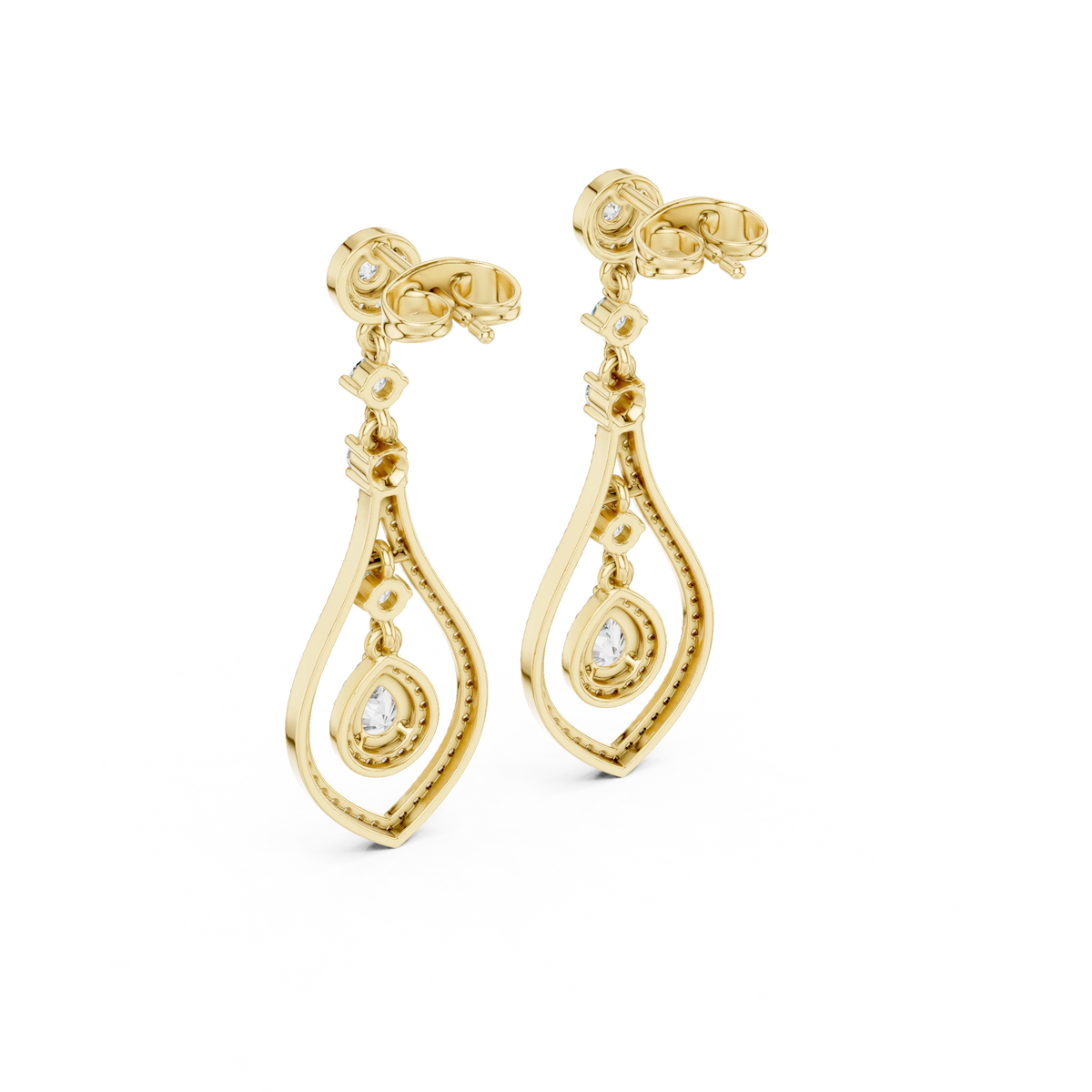 Open Teardrop Pear Halo Moissanite Chandelier Earrings in yellow 925 sterling silver, view 3