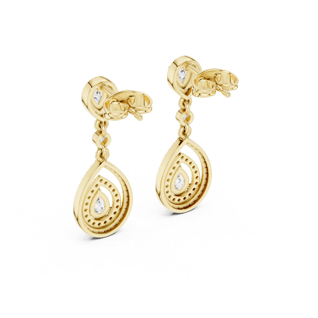 Pear Halo Double Teardrop Moissanite Drop Earrings in yellow 925 sterling silver, view 3