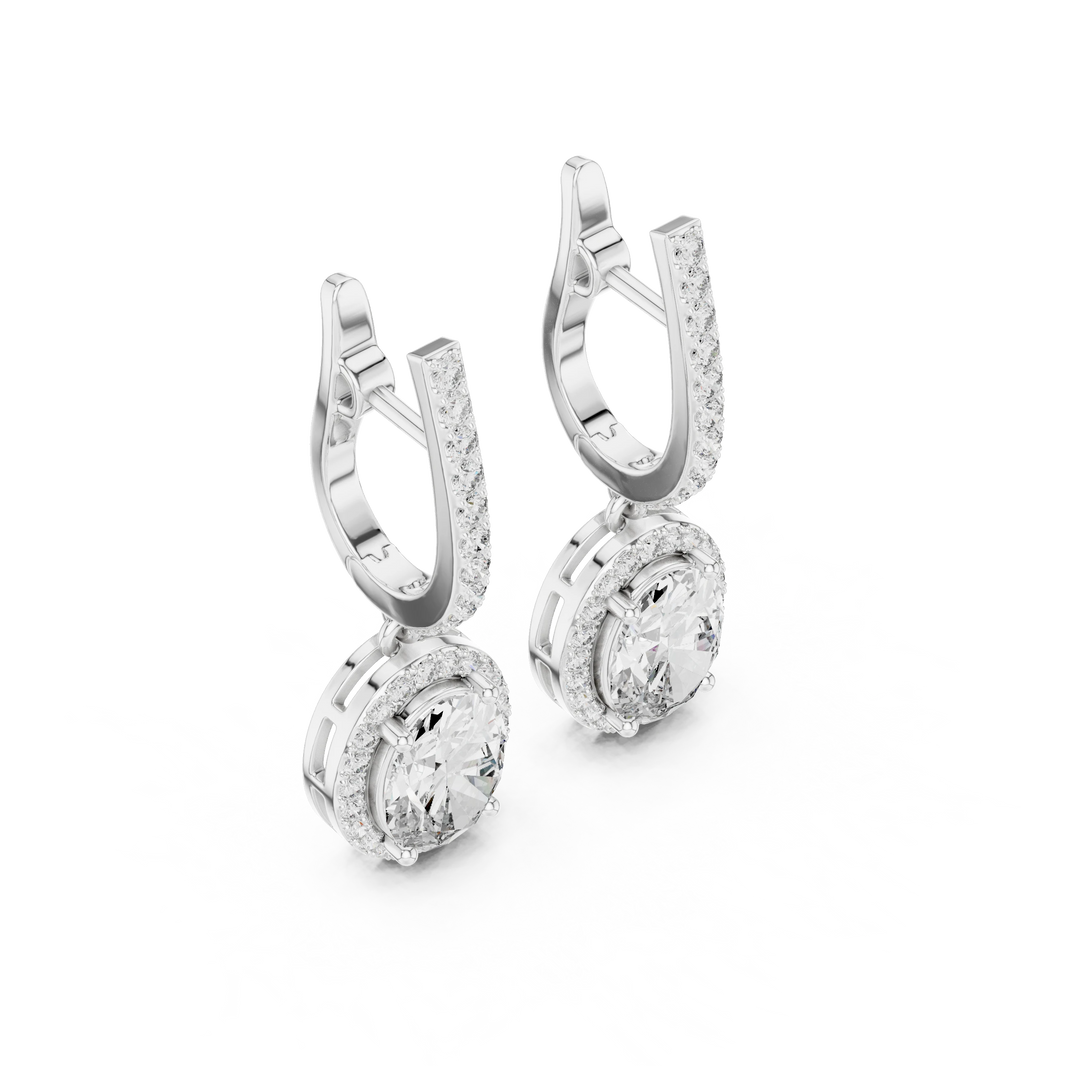 Oval Halo Moissanite Pavé Huggie Drop Earrings in white 925 sterling silver, view 2