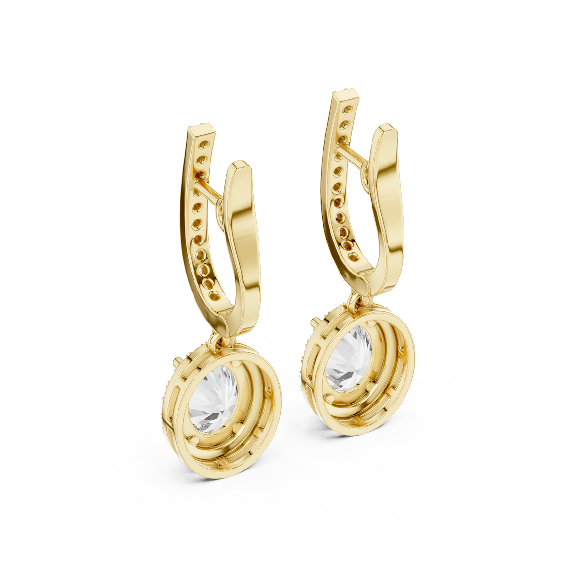 Oval Halo Moissanite Pavé Huggie Drop Earrings in yellow 925 sterling silver, view 3