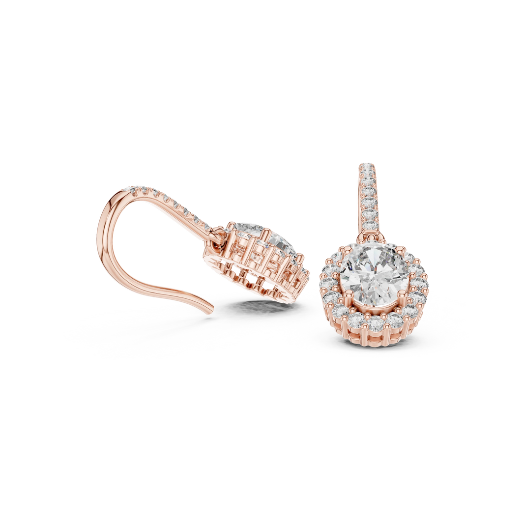 Oval Halo Moissanite Pavé Fish Hook Drop Earrings in rose 925 sterling silver, view 1