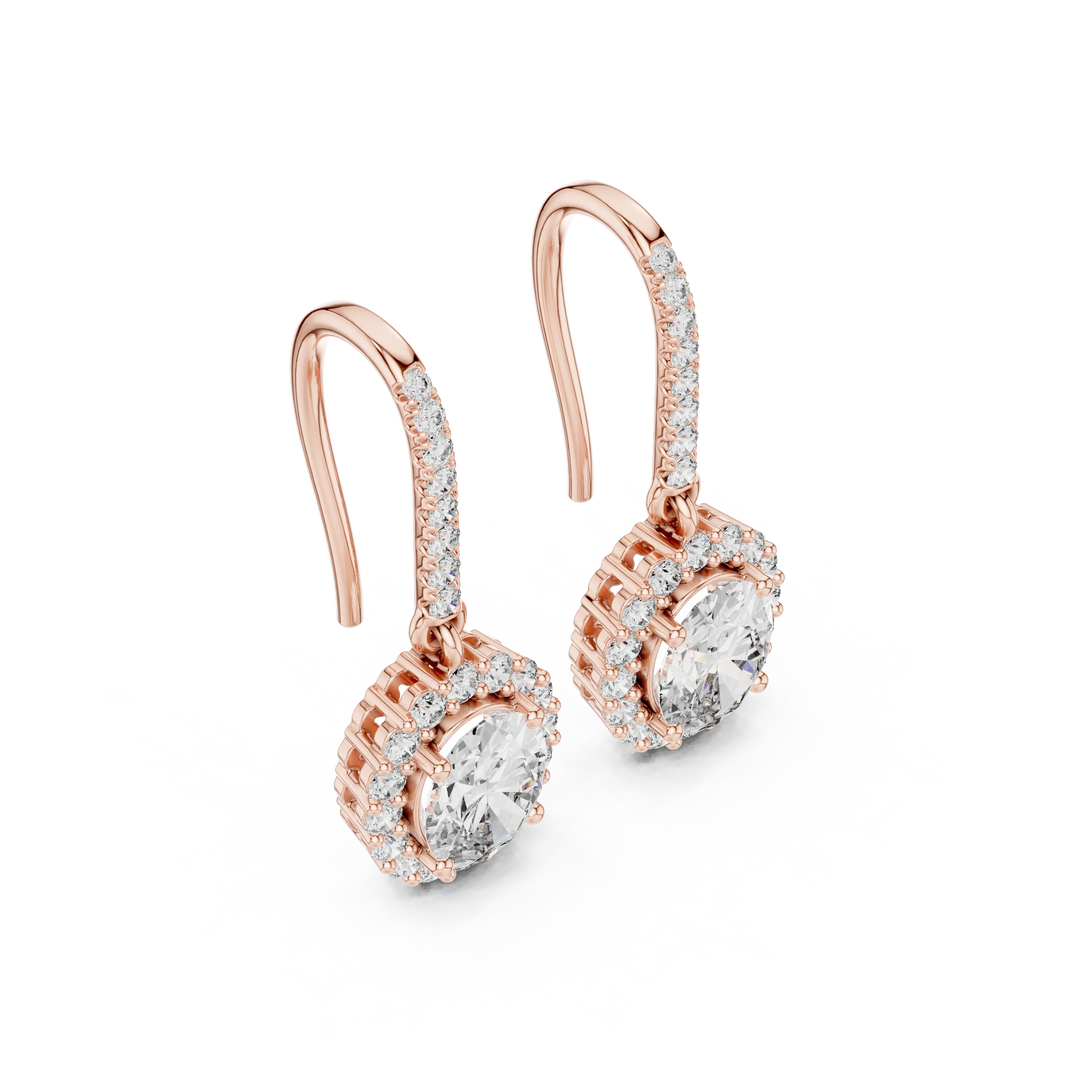 Oval Halo Moissanite Pavé Fish Hook Drop Earrings in rose 925 sterling silver, view 2