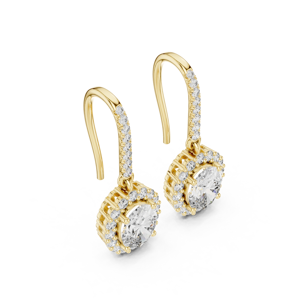 Oval Halo Moissanite Pavé Fish Hook Drop Earrings in yellow 925 sterling silver, view 2