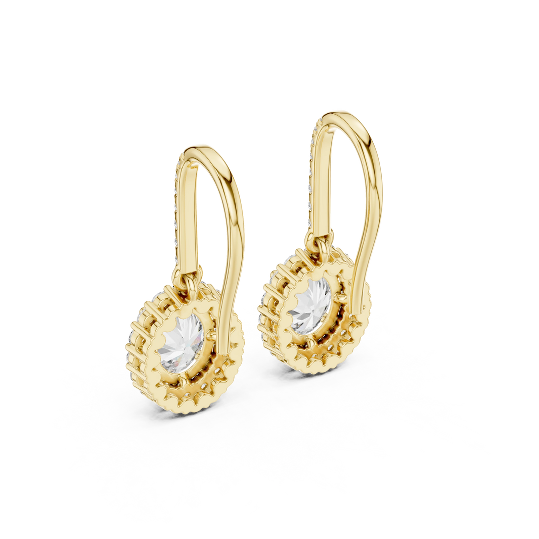 Oval Halo Moissanite Pavé Fish Hook Drop Earrings in yellow 925 sterling silver, view 3