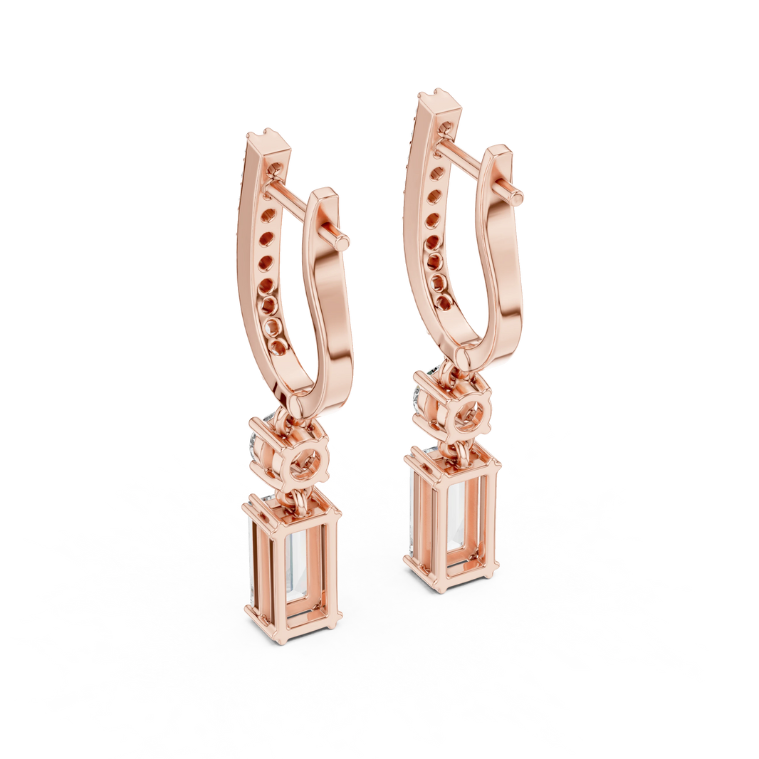 Baguette Moissanite Huggie Drop Earrings with Round Accent in rose 925 sterling silver, view 3