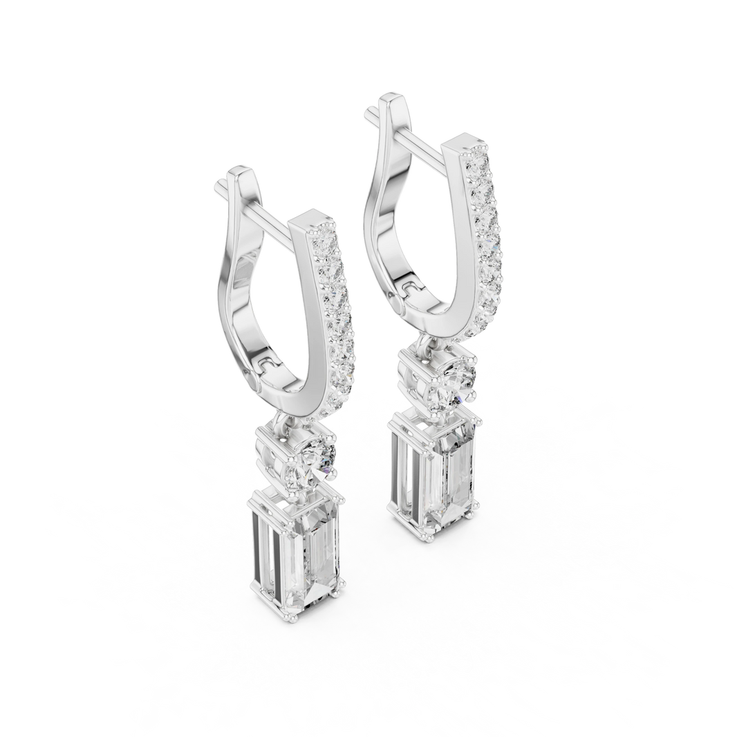 Baguette Moissanite Huggie Drop Earrings with Round Accent in white 925 sterling silver, view 2
