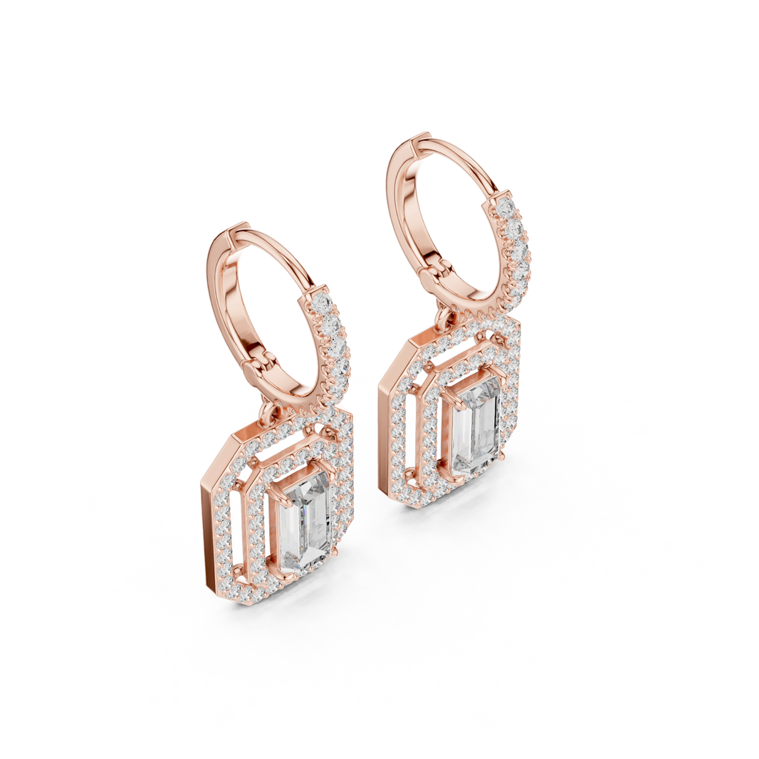 Emerald Cut Double Halo Moissanite Huggie Drop Earrings in rose 925 sterling silver, view 2