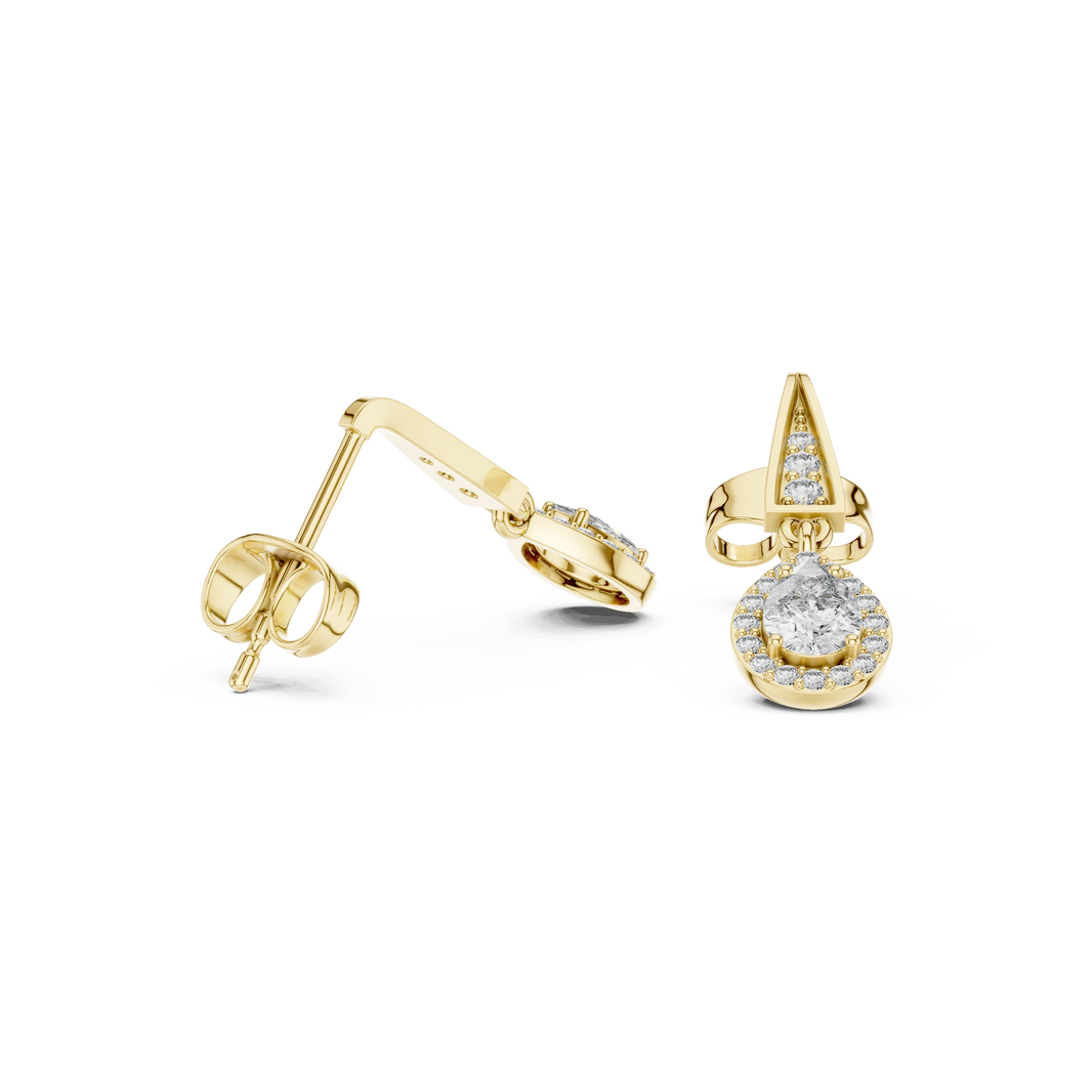 Pear Halo Moissanite Drop Earrings with Tapered Bar Top in yellow 925 sterling silver, view 1