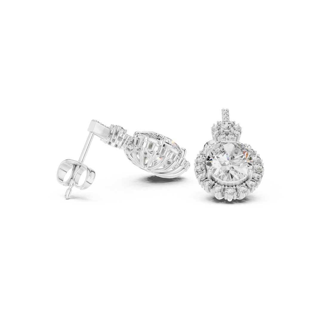 Oval Halo Moissanite Drop Earrings with Flower Cluster Top in white 925 sterling silver, view 1