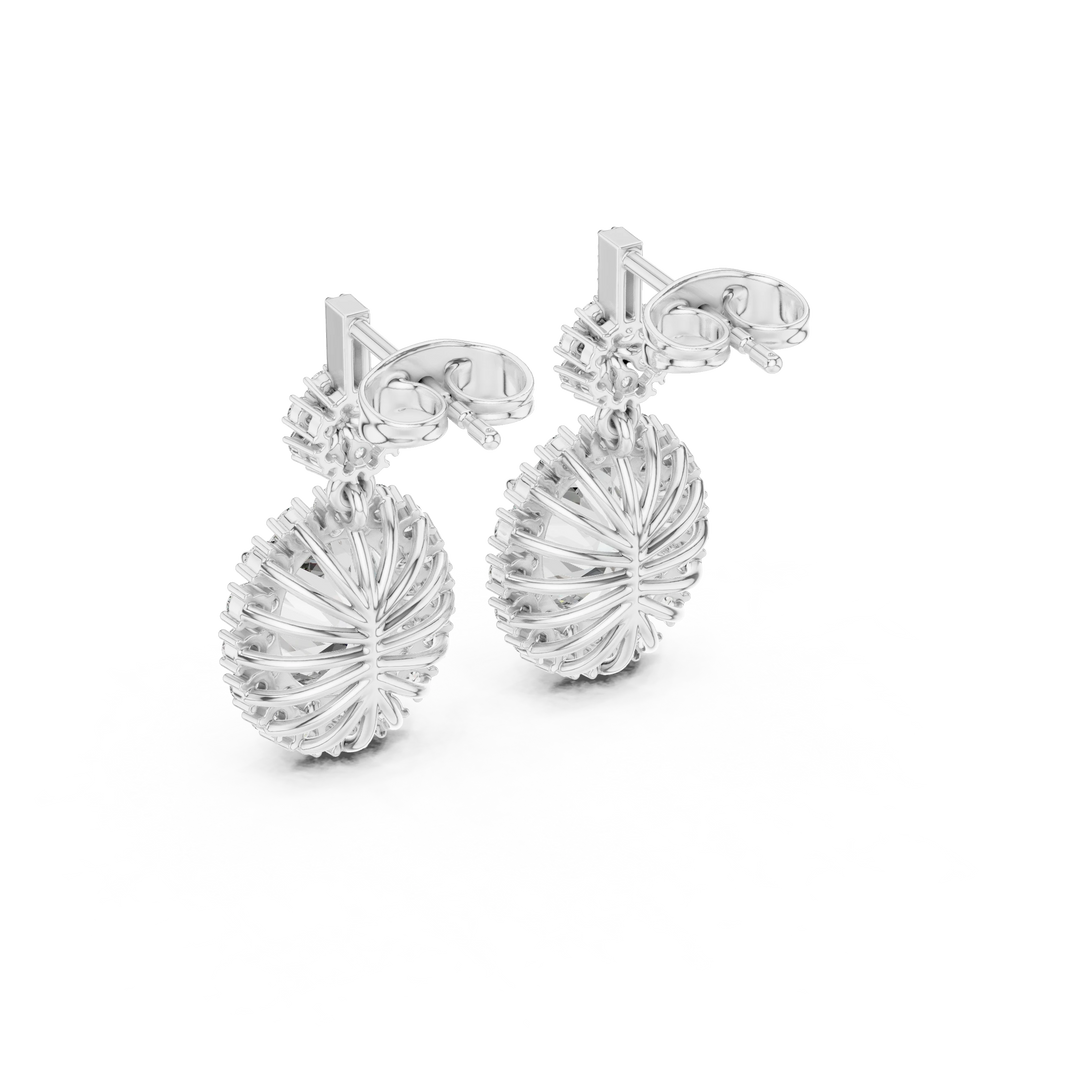 Oval Halo Moissanite Drop Earrings with Flower Cluster Top in white 925 sterling silver, view 3