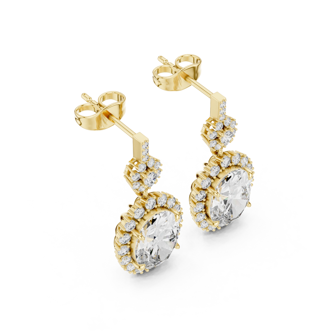 Oval Halo Moissanite Drop Earrings with Flower Cluster Top in yellow 925 sterling silver, view 2