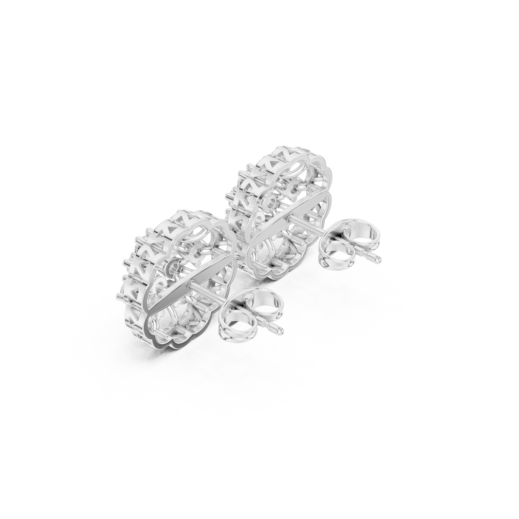 Scalloped Flower Cluster Moissanite Stud Earrings in white 925 sterling silver, view 2