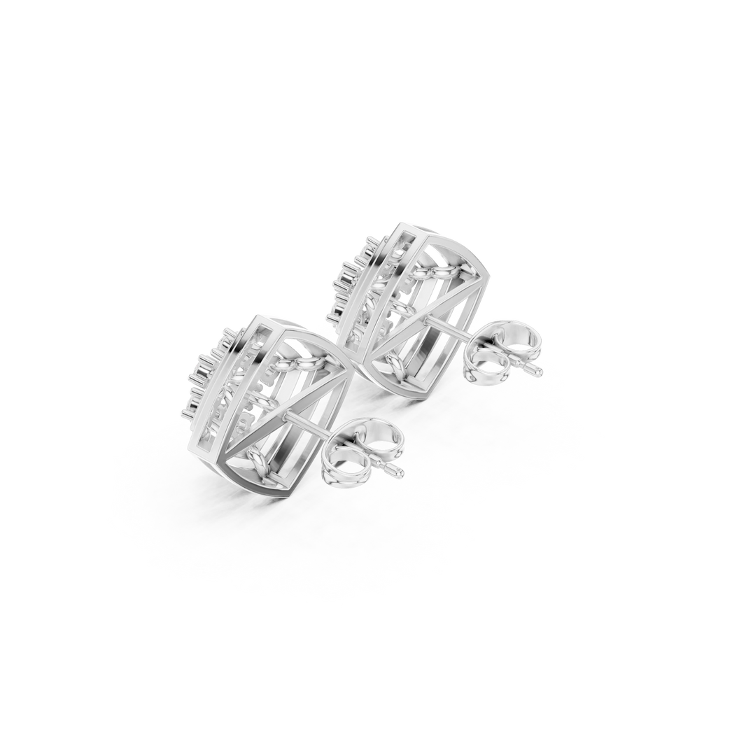 Square Cluster Double Frame Moissanite Stud Earrings in white 925 sterling silver, view 2