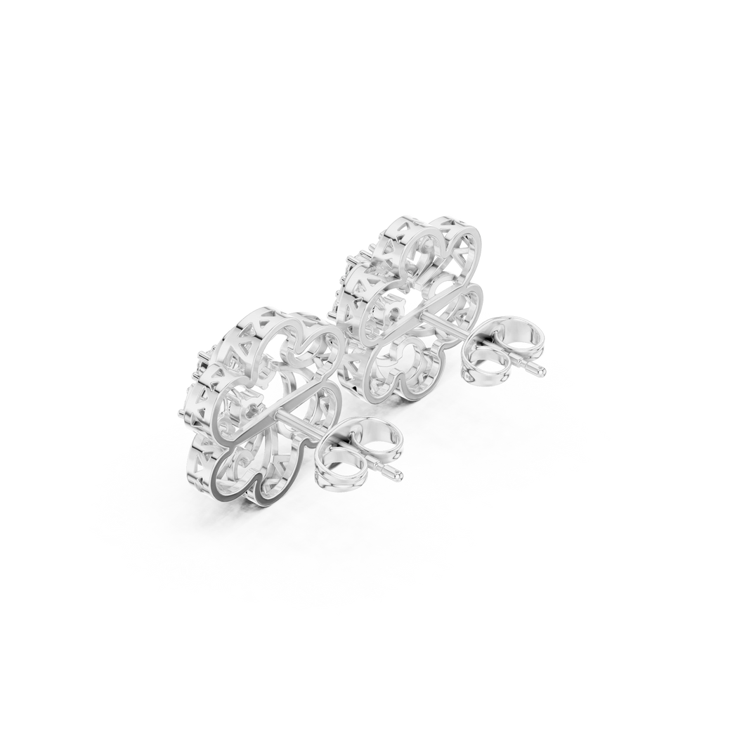 Swirl Frame Flower Cluster Moissanite Stud Earrings in white 925 sterling silver, view 2