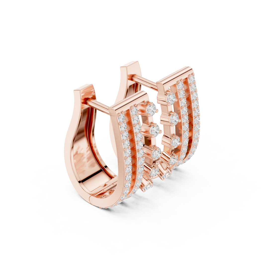 Three Row Pavé and Prong Moissanite Huggie Earrings in rose 925 sterling silver, view 1