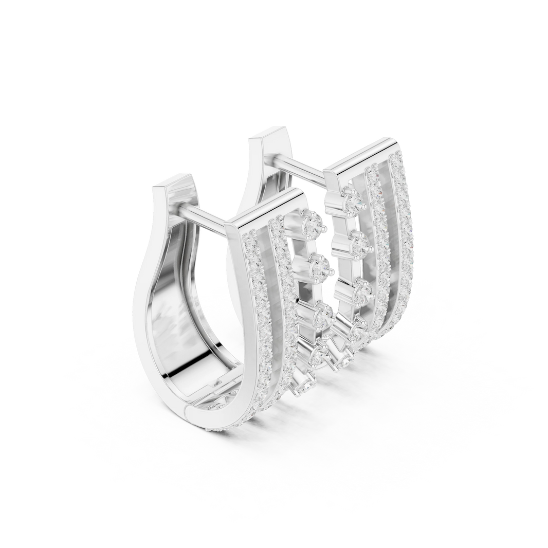 Three Row Pavé and Prong Moissanite Huggie Earrings in white 925 sterling silver, view 1
