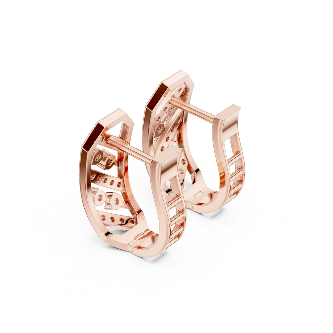 Octagon Frame Diagonal Row Moissanite Huggie Earrings in rose 925 sterling silver, view 2