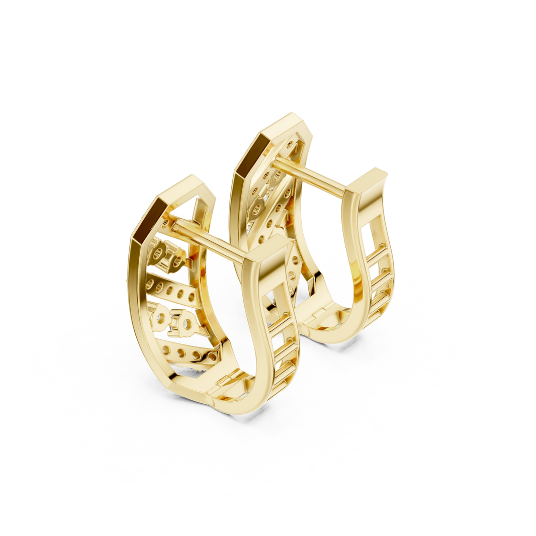 Octagon Frame Diagonal Row Moissanite Huggie Earrings in yellow 925 sterling silver, view 2