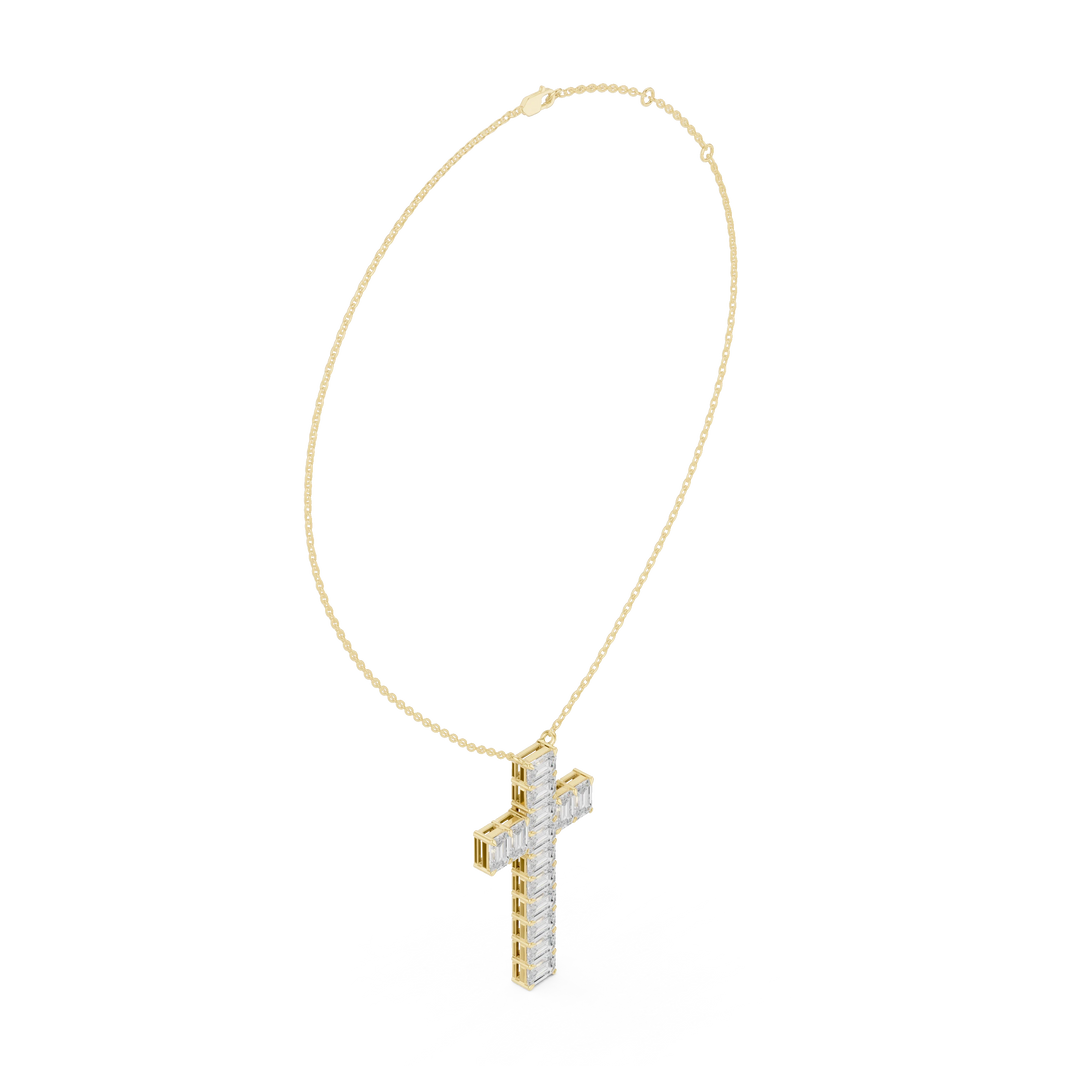 Emerald Cut Moissanite Cross Pendant in yellow 925 sterling silver, view 1