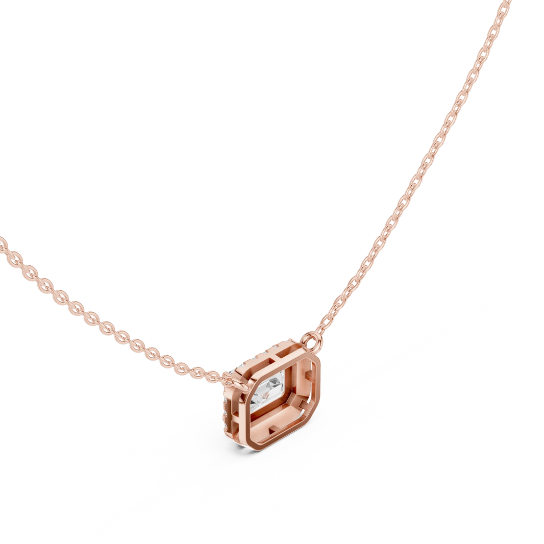 East West Emerald Cut Halo Moissanite Station Pendant in rose 925 sterling silver, view 2