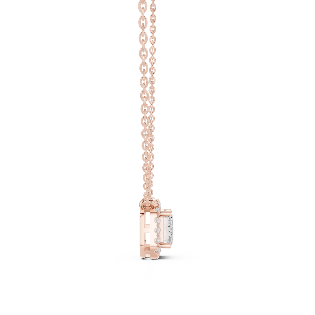 East West Emerald Cut Halo Moissanite Station Pendant in rose 925 sterling silver, view 3