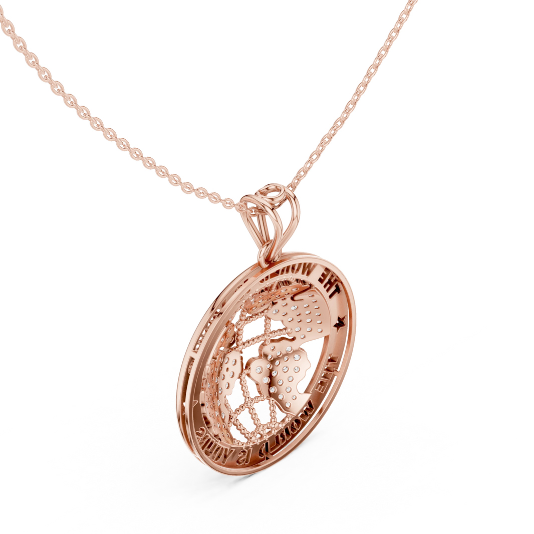 The World Is Yours Globe Moissanite Medallion Pendant in rose 925 sterling silver, view 2