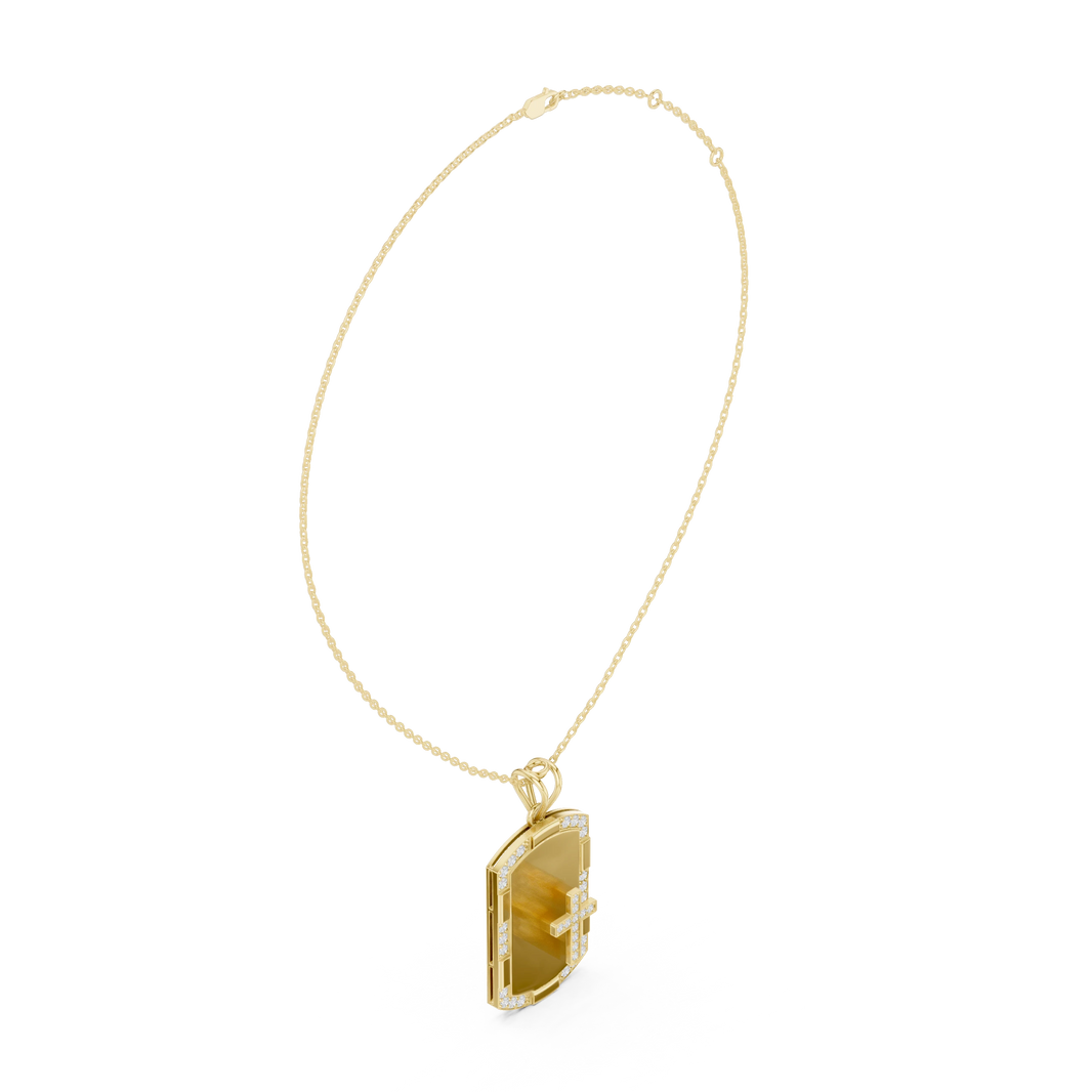 White Enamel Pavé Cross Dog Tag Moissanite Pendant in yellow 925 sterling silver, view 1