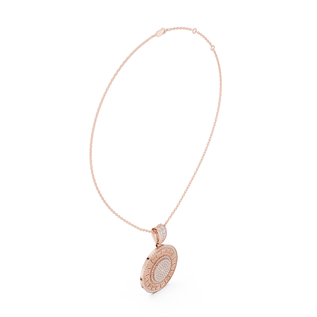 Greek Key White Enamel Pavé Medallion Moissanite Pendant in rose 925 sterling silver, view 1