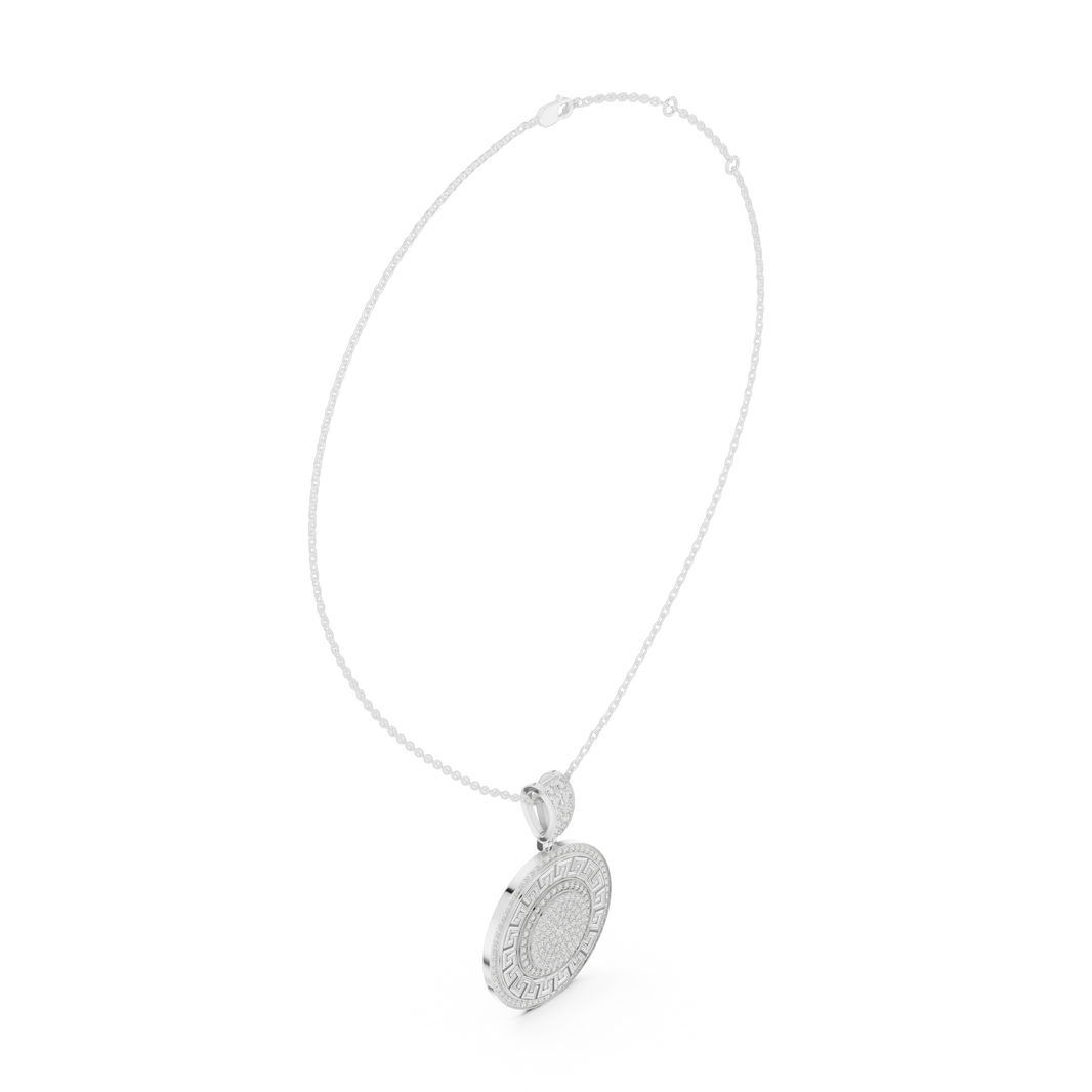 Greek Key White Enamel Pavé Medallion Moissanite Pendant in white 925 sterling silver, view 1