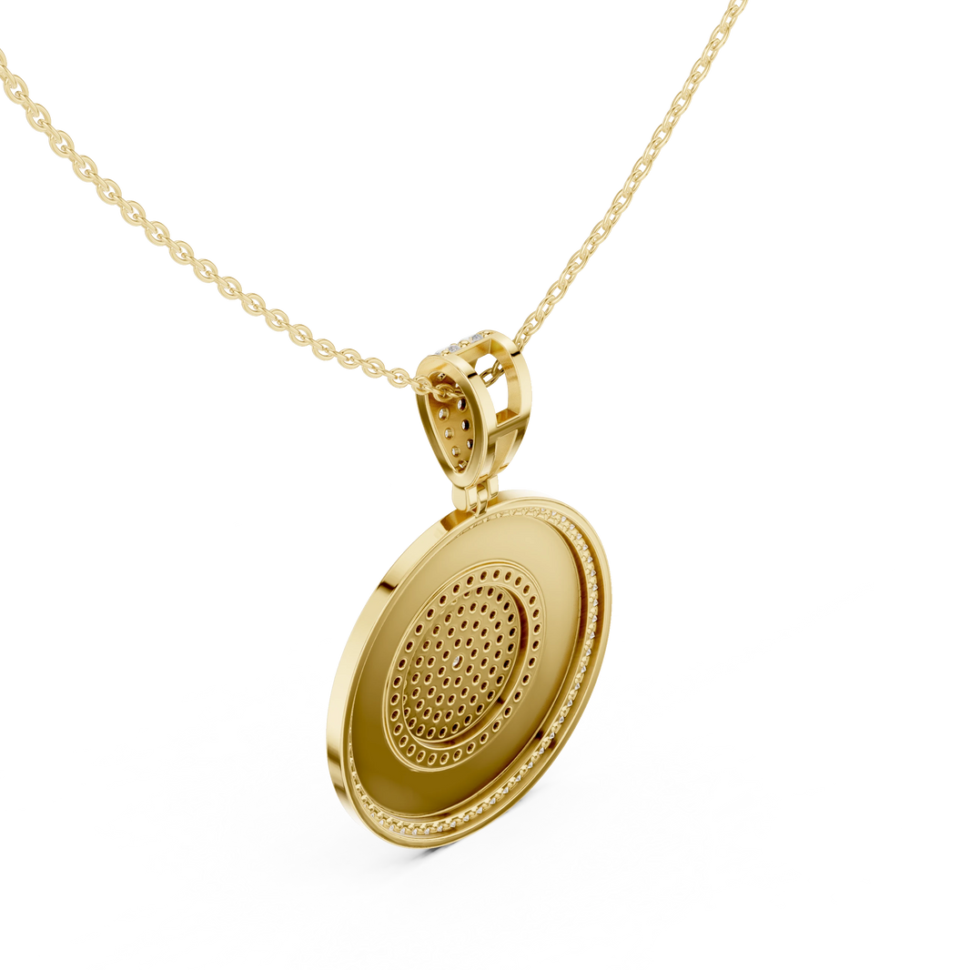Greek Key White Enamel Pavé Medallion Moissanite Pendant in yellow 925 sterling silver, view 2