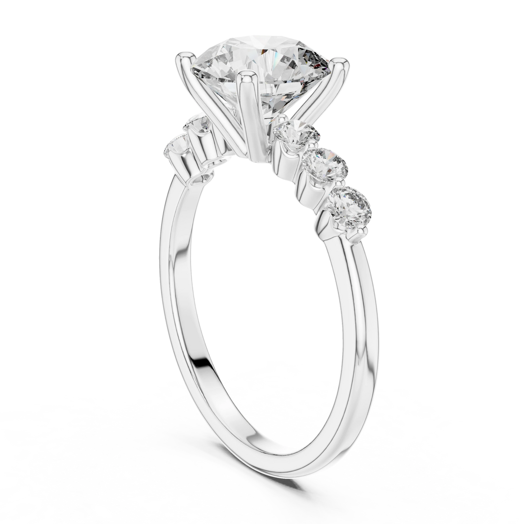 Round Seven Stone Moissanite Engagement Ring in white 925 sterling silver, view 1