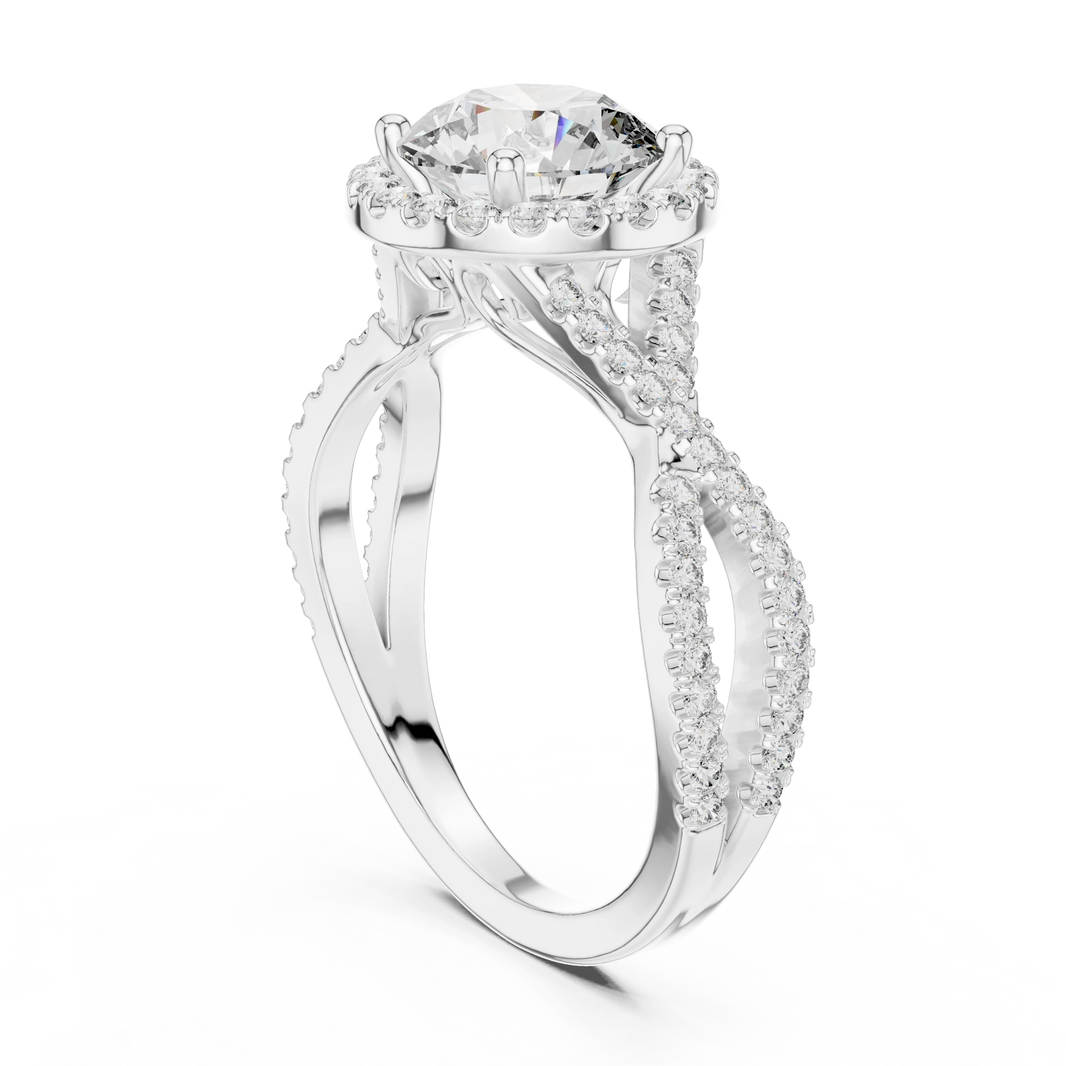 Round Halo Twisted Split Shank Moissanite Engagement Ring in white 925 sterling silver, view 1