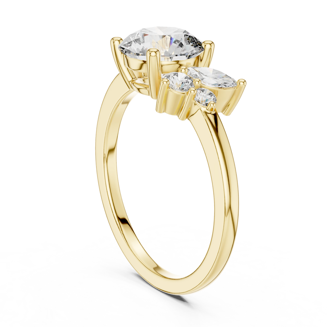 Round Asymmetric Marquise Cluster Moissanite Engagement Ring in yellow 925 sterling silver, view 1