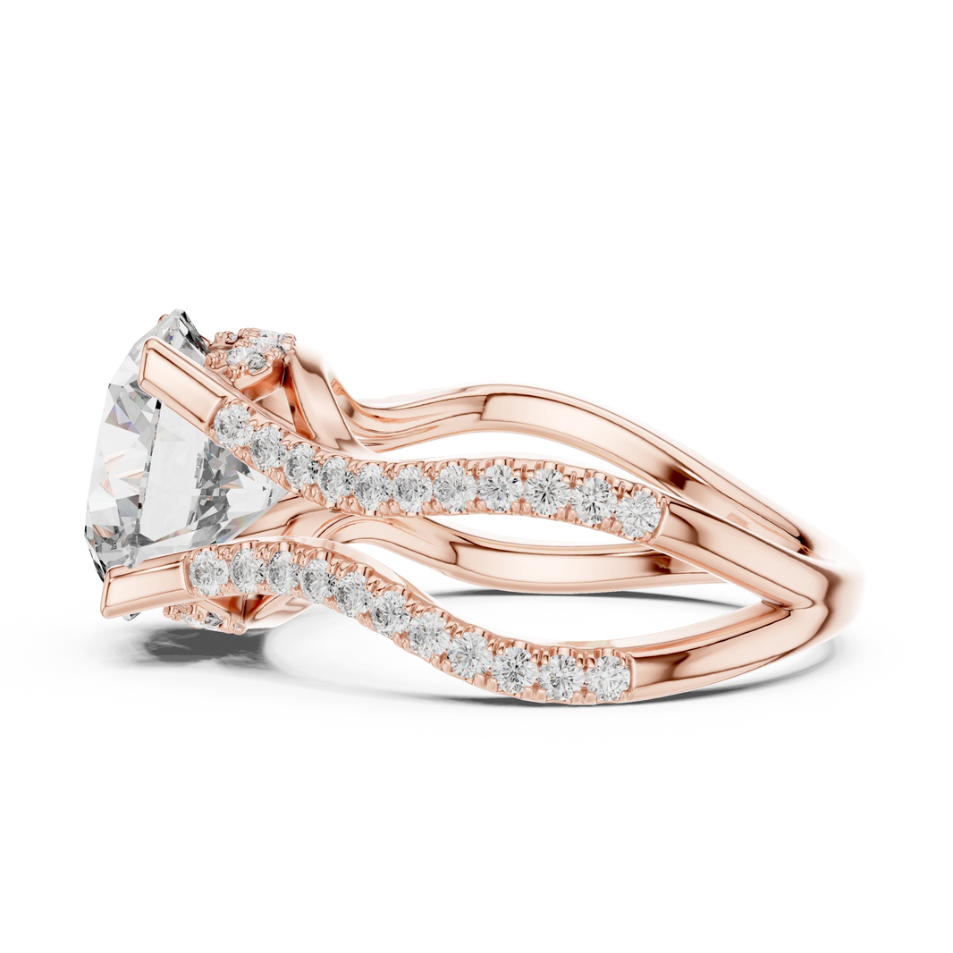 Round Wavy Split Shank Moissanite Engagement Ring in rose 925 sterling silver, view 3