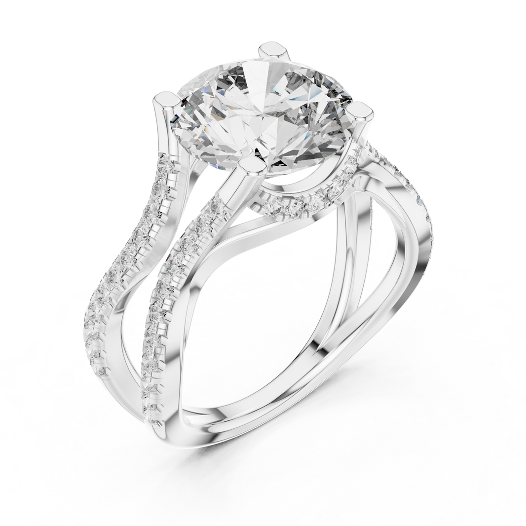 Round Wavy Split Shank Moissanite Engagement Ring in white 925 sterling silver, view 2
