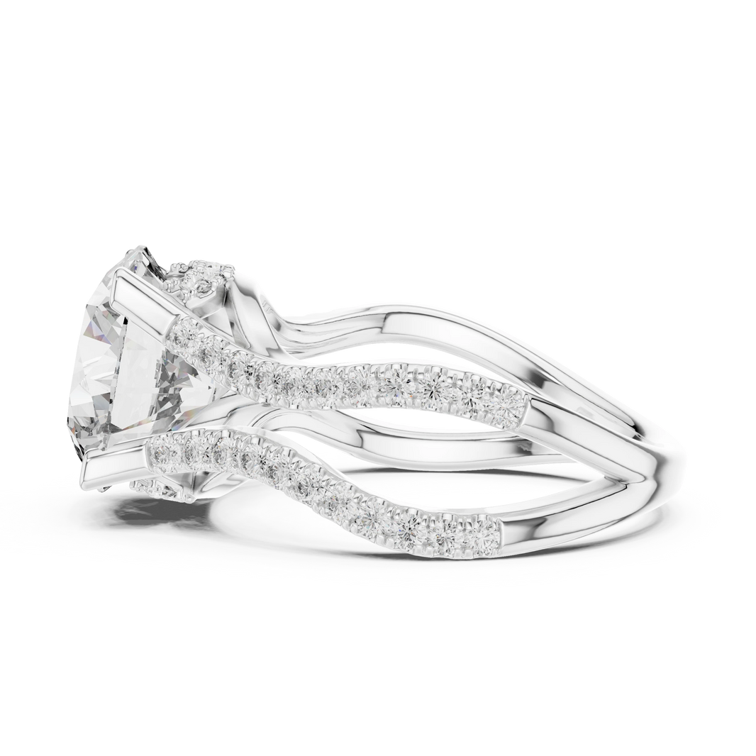 Round Wavy Split Shank Moissanite Engagement Ring in white 925 sterling silver, view 3