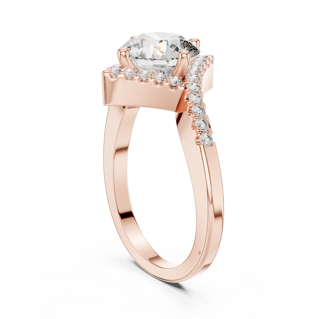 Round Kite Halo Bypass Moissanite Engagement Ring in rose 925 sterling silver, view 1
